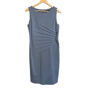 Ivanka Trump Dress Size 8 Blue Ruched Sunburst Sleeveless Round‎ Neck Stretch